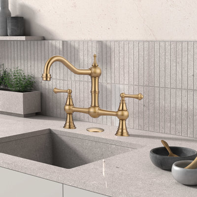 Bridge-Style Kitchen Faucet, 2 Or 3 Hole Bridge Faucet, 2 Handle Kitchen Sink Faucet 360° Rotating Faucet