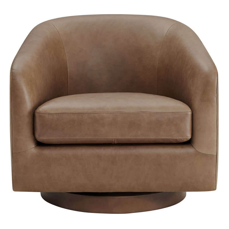 Bennett Genuine Leather Swivel Barrel Chair With Ottoman, Marseille Camel Genuine Leather