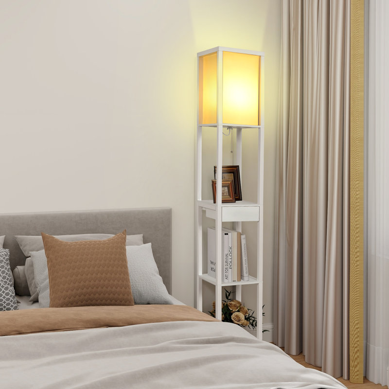 Floor Lamp With Charging, 160cm 3 Layers Shelves Standing Light With Drawer, Reading Lamp with Bulb, White