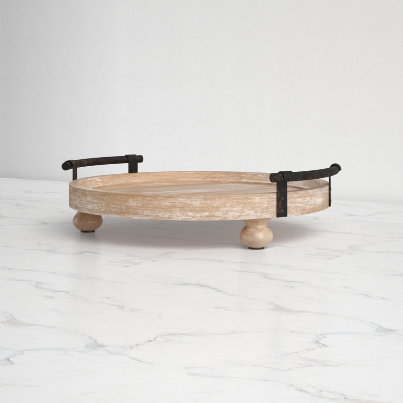 Rustic Finish Round Wooden Footed Tray with Vintage Black Handles, 15-inch