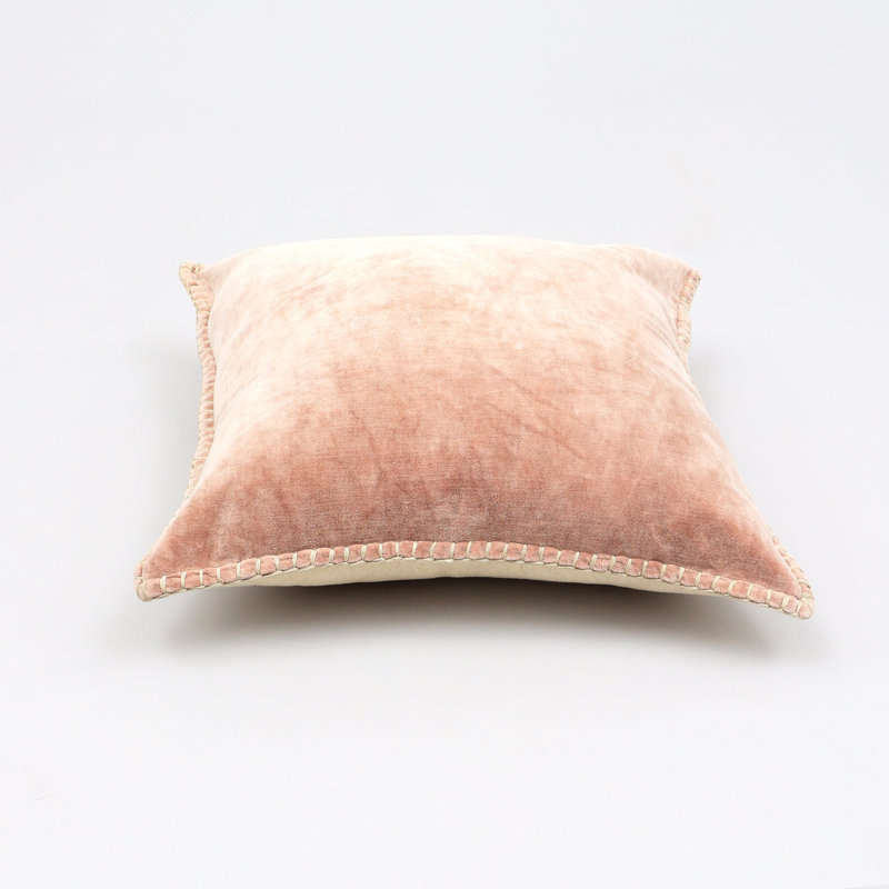 Throw Pillow | Stonewashed Cotton Velvet Throw Pillow with Decorative Handstitched Edges-18X18", Old Pink