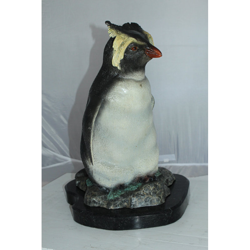Statue pingouin Rockhopper en bronze 20 po sur base de marbre 16 po x 15 po x H 20 po