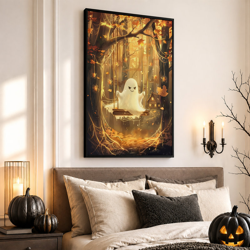 Art mural sur toile, "White Ghost On Swing In Autumn Woods with Spiders", 24"H x 16"W