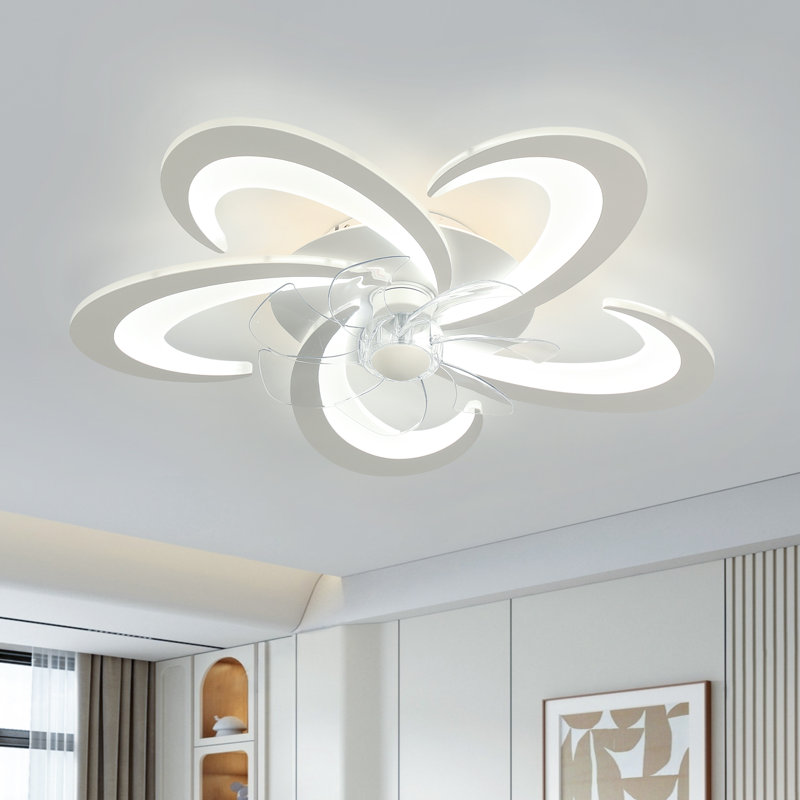 Ventilateur de plafond encastré moderne à DEL à 7 pales de 25,59 po Deontee avec télécommande et deux lumières, Blanc