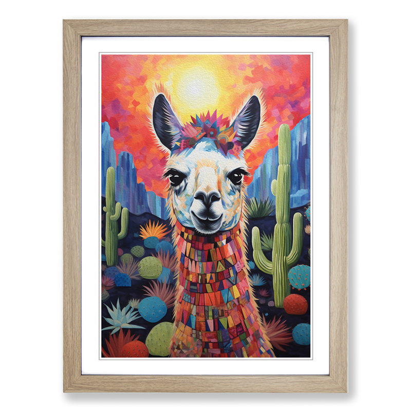 XYZ-FRM-V1223-4306 Llama Symbolism - Single Picture Frame Print on Wood, Oak, 46cm H x 34cm W x 2cm D
