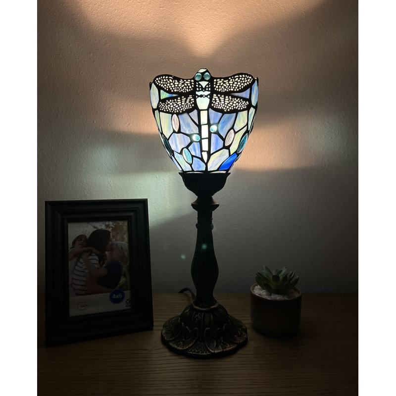 Simonetti Tiffany Torch Mini Table Lamp Dragonfly Blue Stained Glass LED Bulb Included 6"W*6"D*15"H, Blue