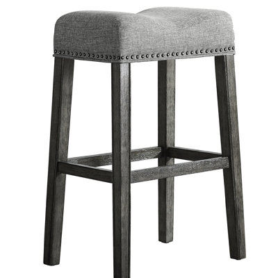 Gray Upholstered Bar Stools, 29" Saddle Style. Crafted With Real Wood And Weathered Finish. Contemporary For Home Use. Of 2. 18"w X 13"d 29"h. Assembly Required Design. Look. Modern