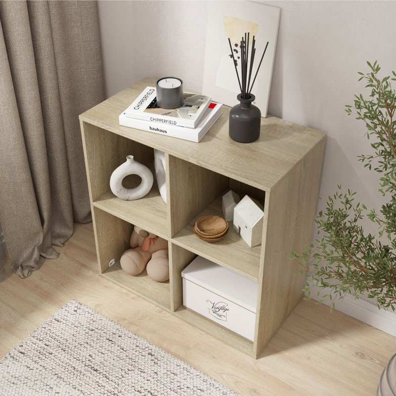 23.46 In. Tall Natural Oak Wood 3-Shelf Etagere Bookcase, (2 Shelves) 23.46"H x 23.54"W x 11.73"D, Brown