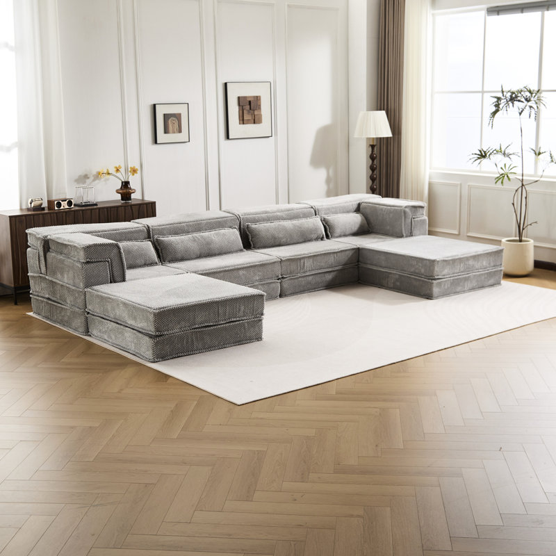 Canapé d'angle modulaire sans ossature, Mahjong à compression, - Gris, Lit de sol convertible, 4 places, Polaire circulaire, Mousse à mémoire de forme haute densité, Aucun assemblage requis, Détente à la maison, Canapé modulaire gris à 2 places