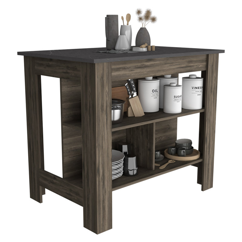 Brooklyn  Kitchen Island, Three Concealed Shelves, Gray/Brown