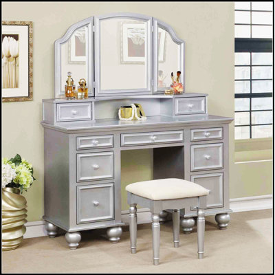 Ensemble de coiffeuse de style transitionnel avec tabouret, tiroirs de rangement et miroir à 3 côtés pour des meubles de chambre à coucher élégants