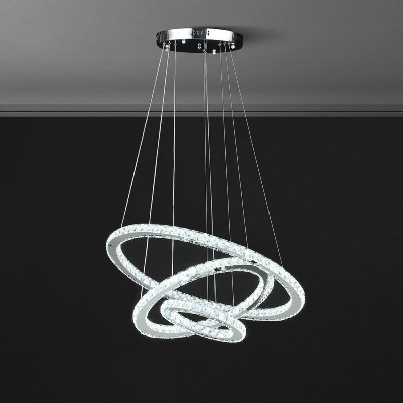 Lustre à télécommande réglable à intensité variable de 11,8 po à 47,2 po de hauteur réglable à trois anneaux en cristal blanc pur blanc moderne