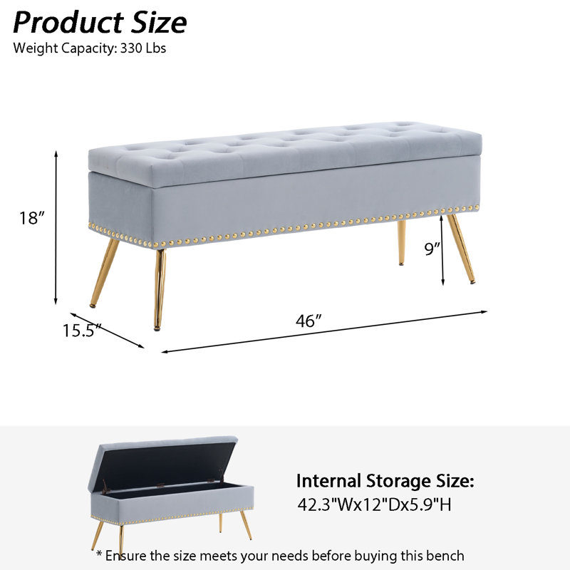 Banc repose-pieds en velours avec rangement, Gris, H 18 po x l 46 po x P 15,5 po