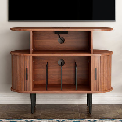 Large Round Record Player Stand with Charging Station & USB Ports, Record Storage Cabinet, Mid Century Modern Turntable Stand for Bedroom Living Room
