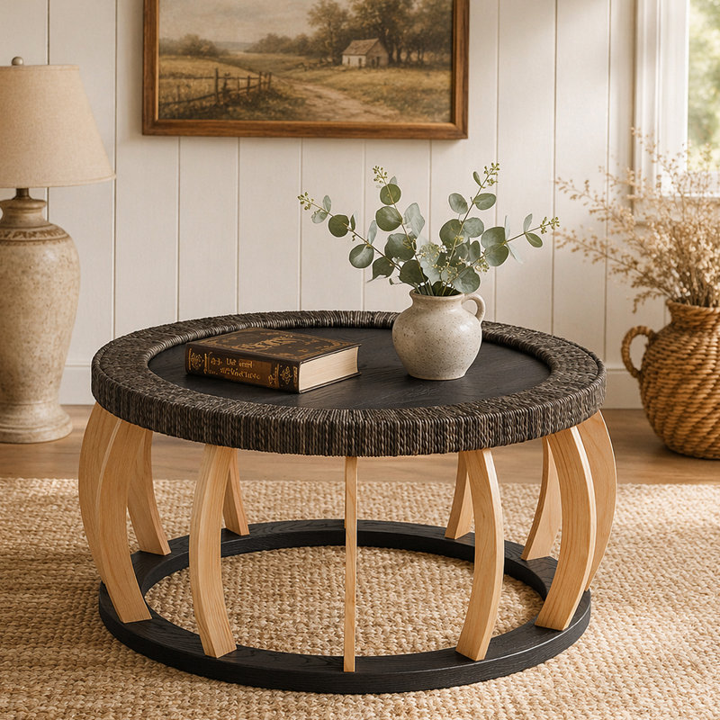 Table basse ronde ronde en bois massif de 35,43 po avec pieds courbés et table d'appoint Boho pour la salle à manger, la cuisine et le salon, brun noir