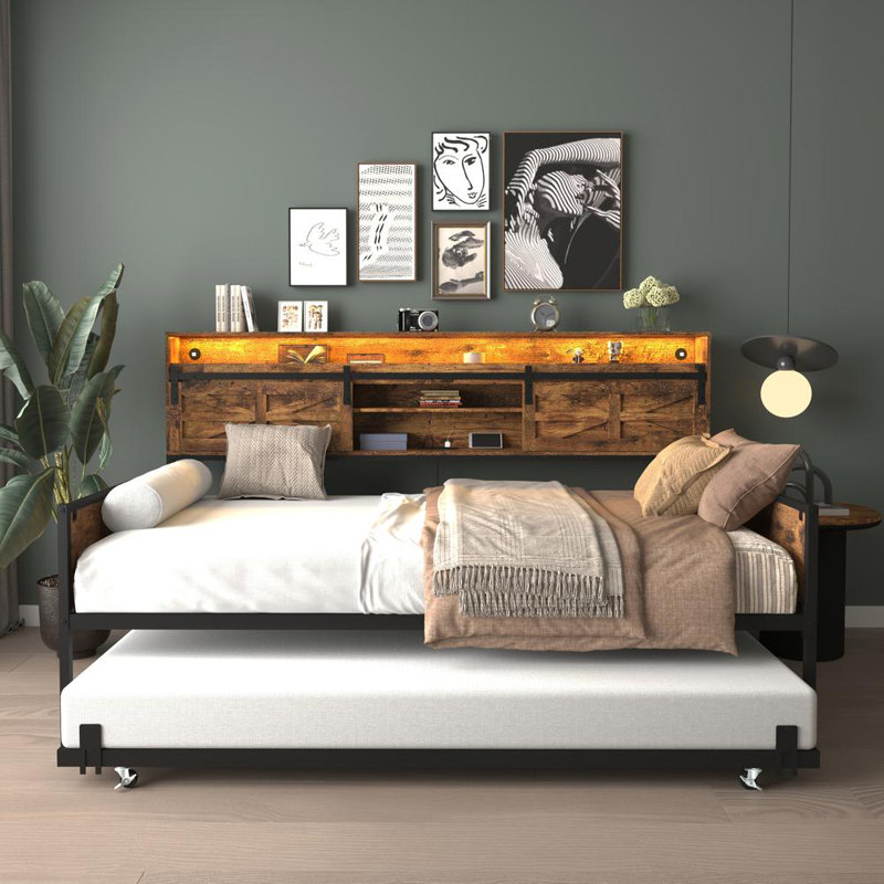 Farmhouse Daybed Frame with Sliding Barn Door Headboard and Charging Station & LED Light
