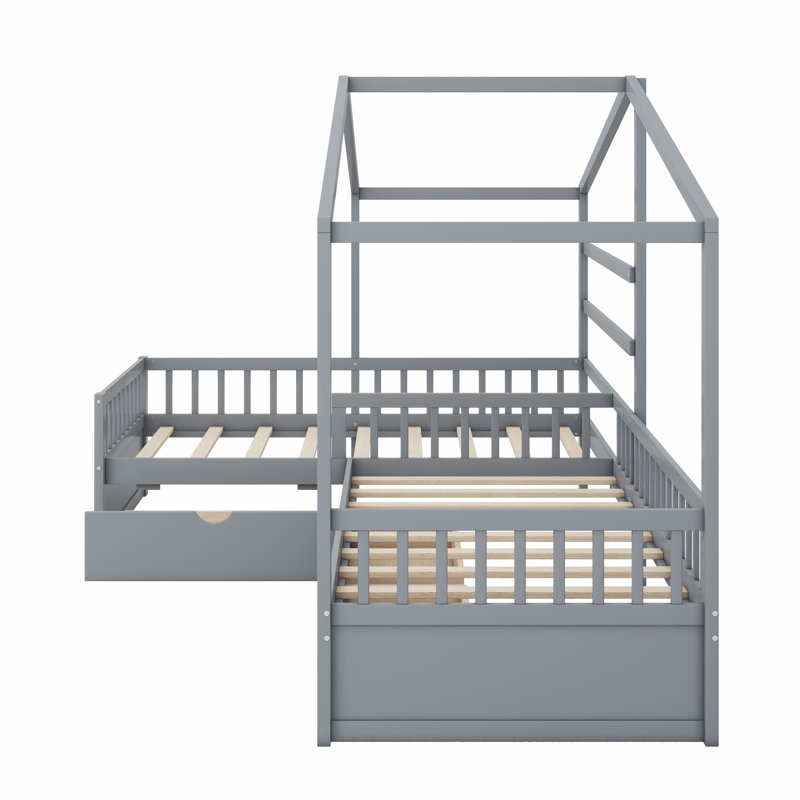 Lit plateforme House avec trois tiroirs de rangement, Gris