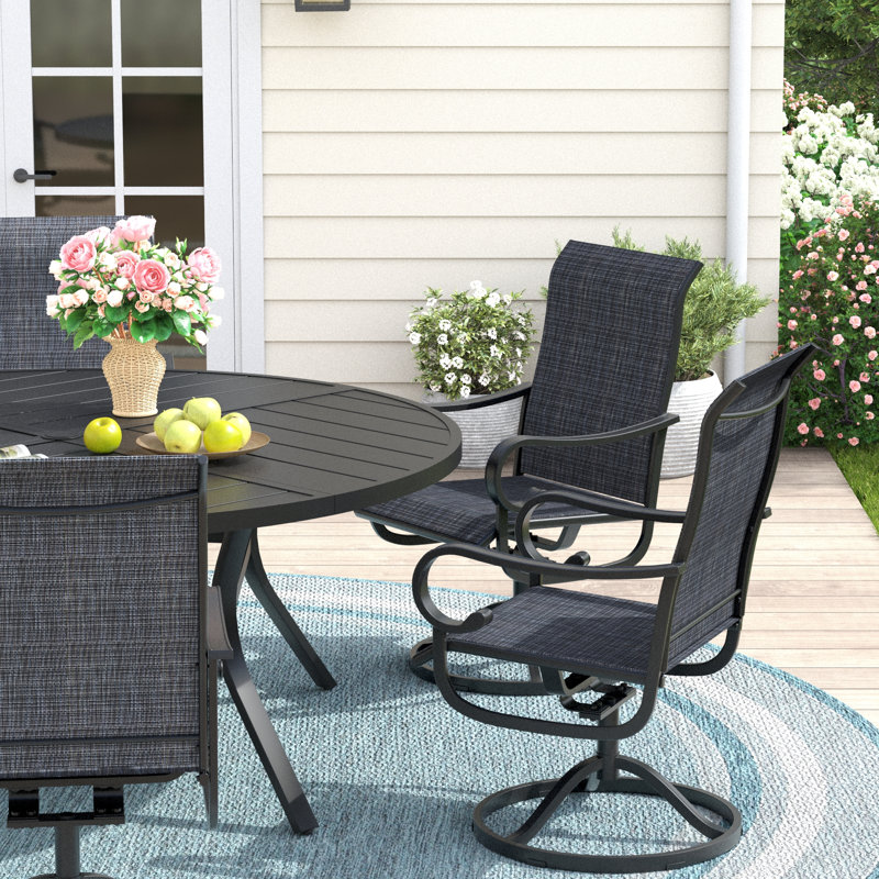 6-Person Round Patio Dining Set With 360° Swivel Textilene Rocking Chairs, Black/Black/Black