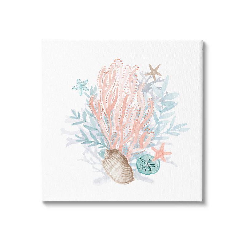 Aquarelle, motif corail, coquillages, art mural par Lanie Loreth, H 24 po x l 24 po x P 1,5 po