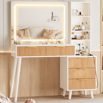 Bureau de 44 po avec miroir et lumières, bureau de maquillage avec prise de courant, bureau de maquillage avec 5 tiroirs et tablettes de rangement, ensemble de coiffeuse 3 couleurs à luminosité réglable pour chambre à coucher