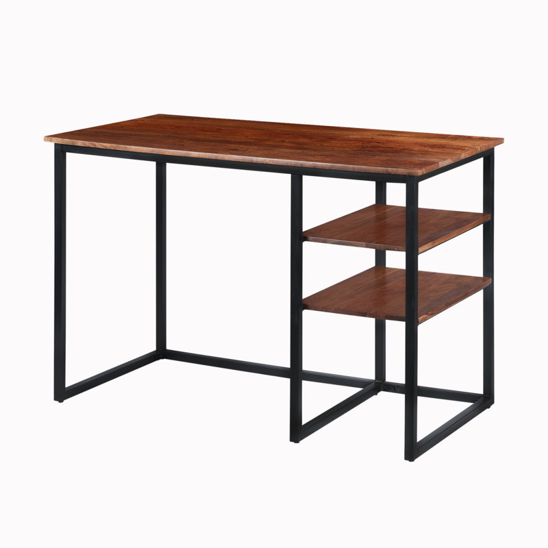 Minimalist Acacia Wood and Black Metal Desk with Side Shelves
