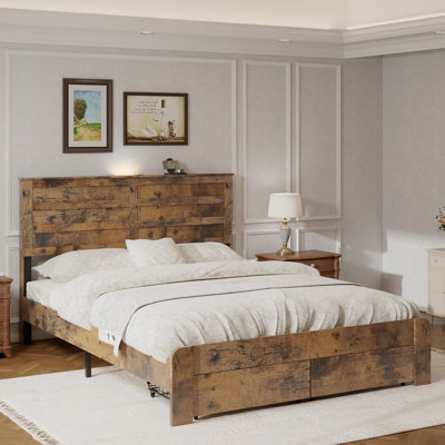 Queen-size bed frame with 2 storage drawers and 2 USB ports, wooden platform bed frame with storage headboard charging station, metal slat support, mattress not required, Dark Brown