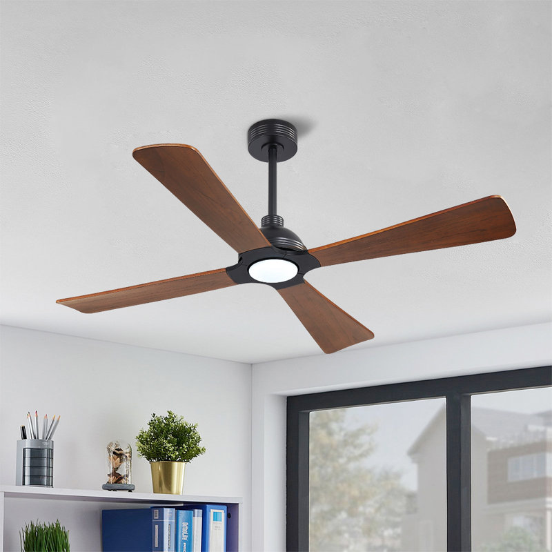 56 po Ventilateur de plafond 4 pales en bois massif avec ensemble d'éclairage et télécommande, Noir, Noyer