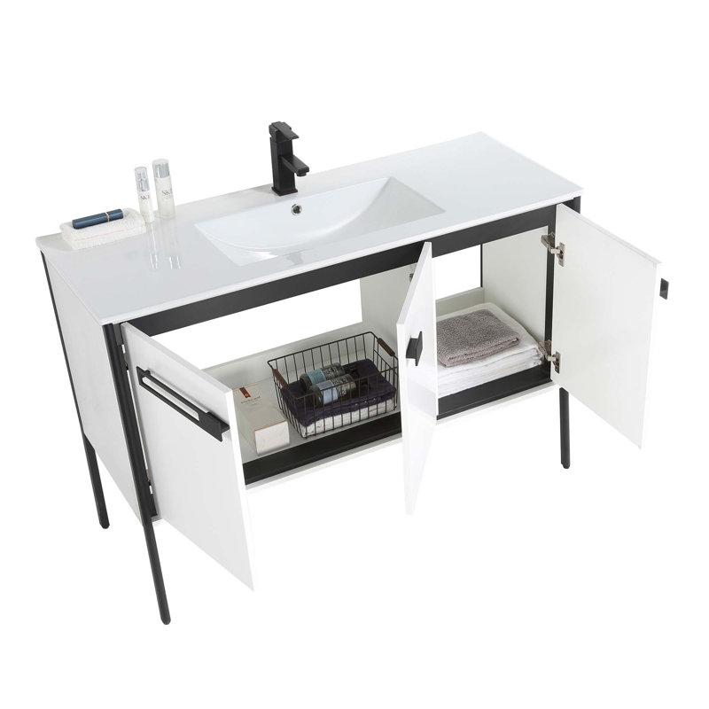 48" Single Bathroom Vanity, White Matte, Matte Black