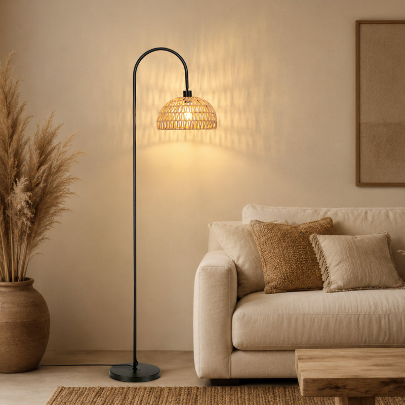 Aarzo 62" Arched/Arc Rattan Floor Lamp, Matte Black