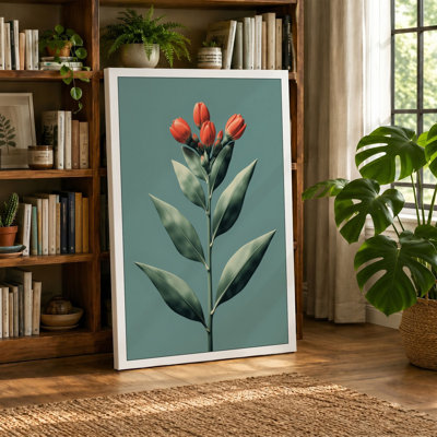 Single Stem in Coral Botanical - Wrapped Canvas