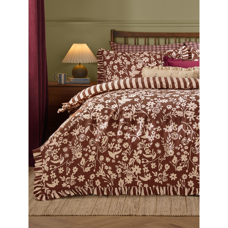 Posie Cotton Blend Duvet Cover Set, Single Duvet Cover + 1 Standard Pillowcase, Brown, Beige Floral, Striped