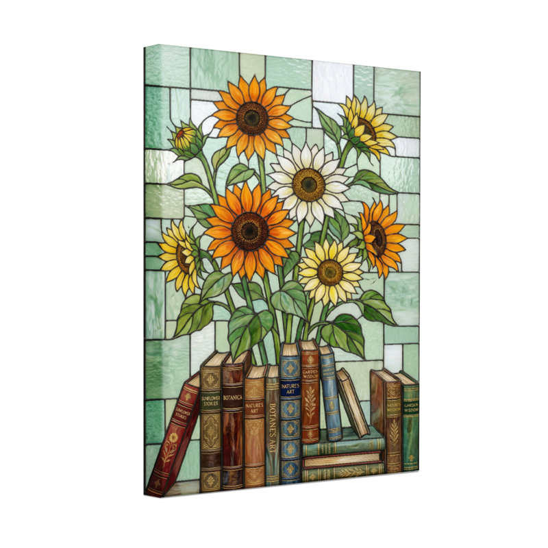 Plantes et fleurs, livres, tournesols, motif de vitrail, reproduction d'art, H 30 po x l 20 po