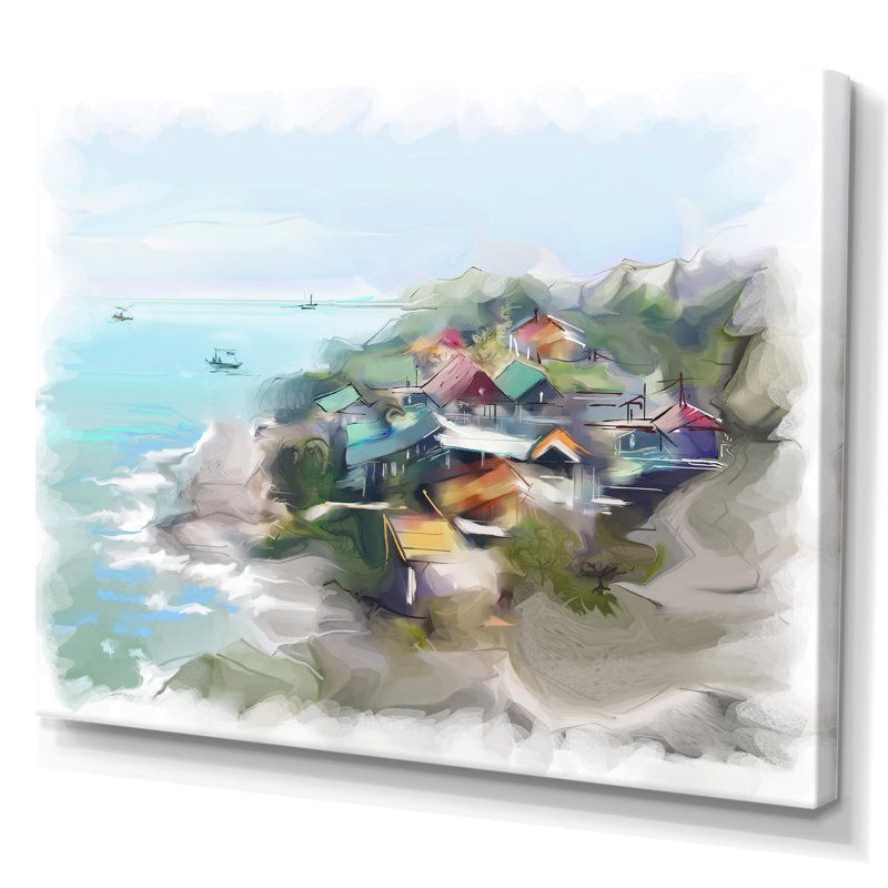 Maison de rêve par le paysage marin - peinture sur toile, H 30 po x l 40 po, Toile tendue