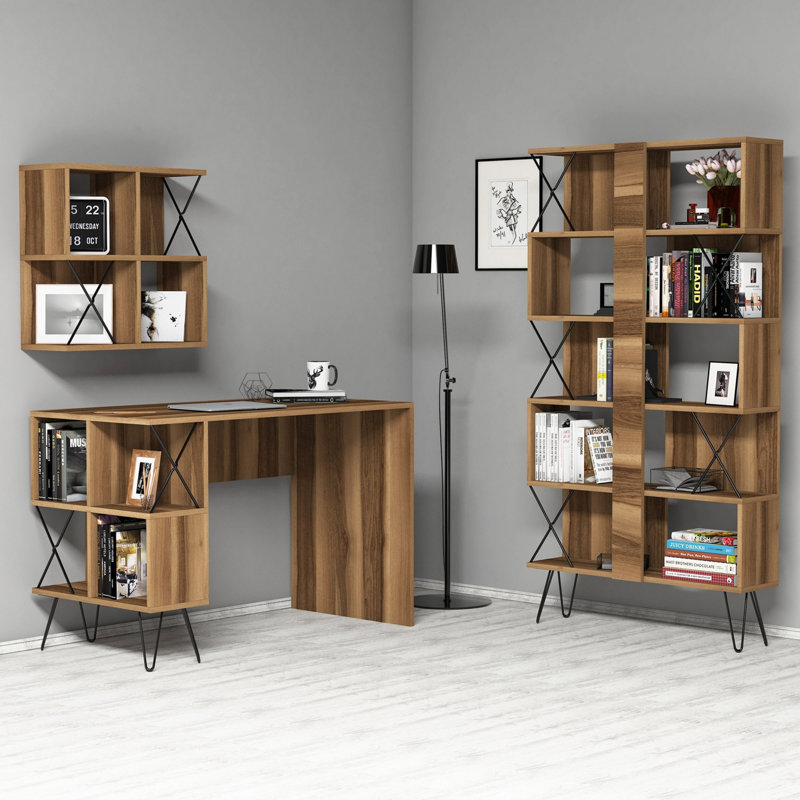 Modern Study Desk & Bookshelf Set, Walnut & Black - 47.2 x 30.9 x 23.6 in Desk | 35.4 x 65.9 x 8.7 in Bookshelf | 23.6 x 23.6 x 9.4 in Wall Shelf | 100% Melamine Coated Particle Board, Stylish & Functional Design