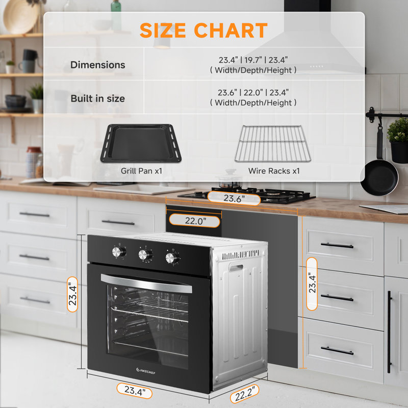 24" 2.72 Cu. Ft. 2800w Single Electric Wall Oven, 6 Cooking Modes, Convection, Knob Controls, Black Glass, Built-in Design