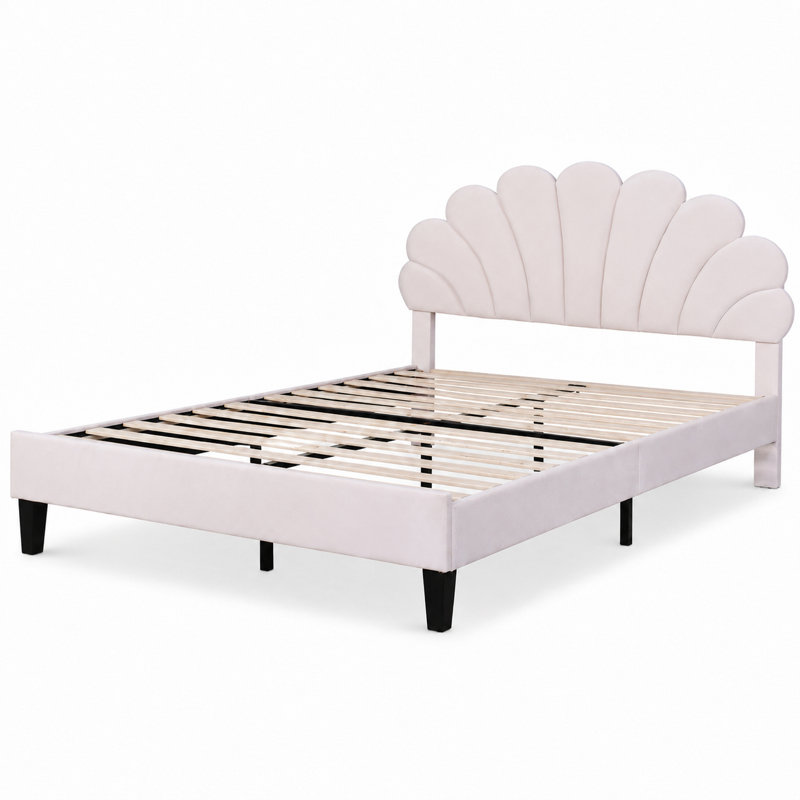 Tayveion Upholstered Platform Bed with Floral Velvet Headboard, Queen, Beige, Manufactured Wood