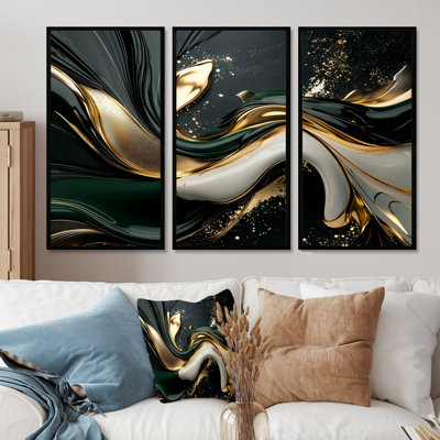 Or noir et noir captivant - ensemble d'art mural abstrait vagues modernes