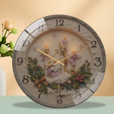 Christmas-Clock-With-Candles-And-Holly Art - 12‘’ Modern Glass Wall Clock