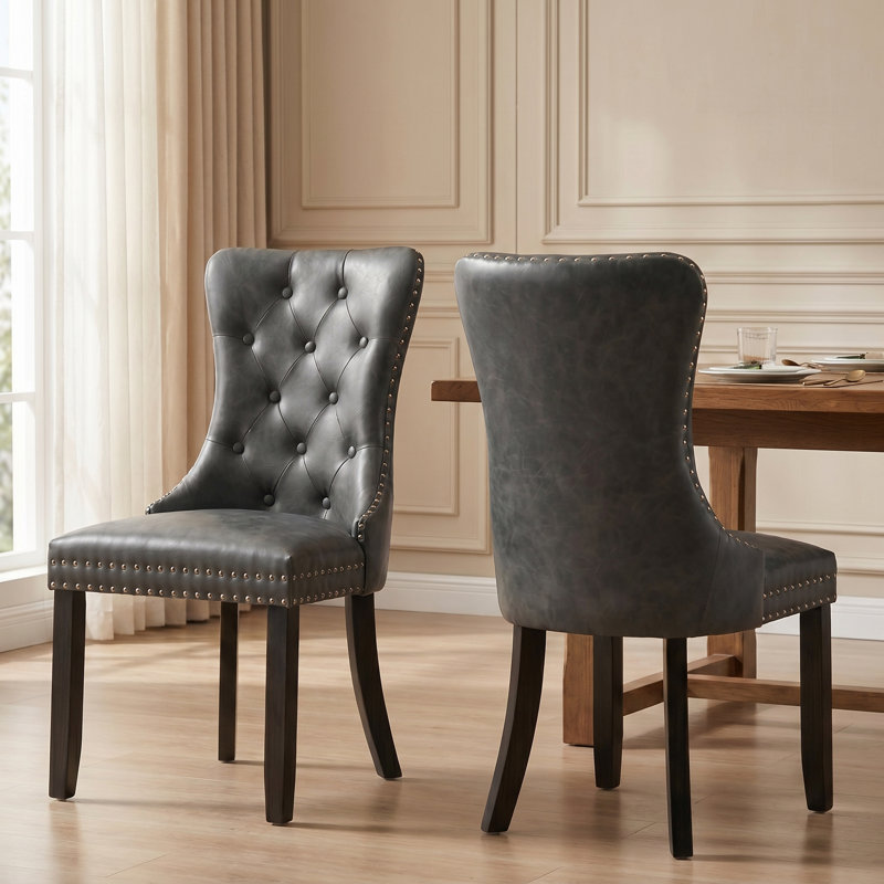 Chaises de salle à manger rembourrées en similicuir gris foncé avec garniture cloutée, ensemble de 2, 2 Chairs, Gris foncé