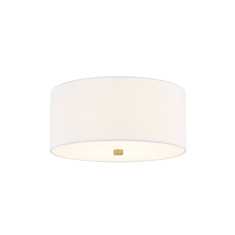 Textile - Classic Drum Flush-Mount - Linen Fabric Shade - 14"D x 14"W x 6.75"H, Brushed Brass, White