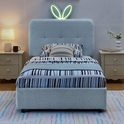 Lit simple tapissier avec tête de lit surdimensionnée, lumière DEL et 4 tiroirs de rangement; Ensemble de lattes, tissu bouclé