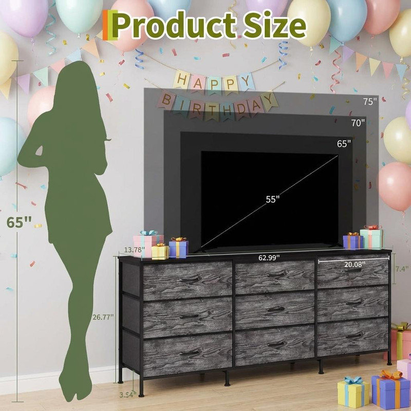 160 cm W Chest of 9 Drawers, Grey