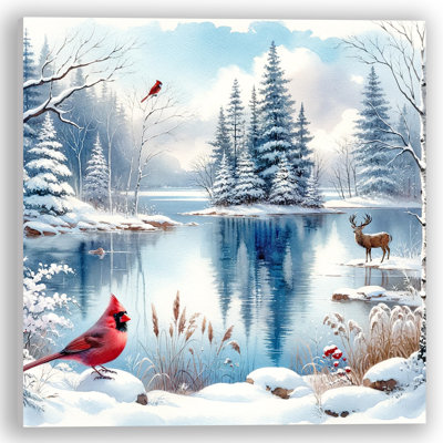 " Lakeside Harmony: Crimson Cardinal And Majestic Deer In Snowy Retreat "