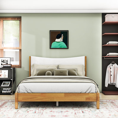 Queen Sized Wood Platform Bed with Upholstered Teddy Fleece Headboard