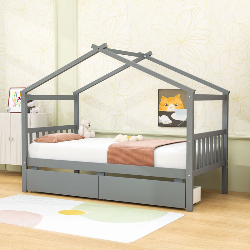 Henjes Twin 2 Drawers Wood House Bed, Gray