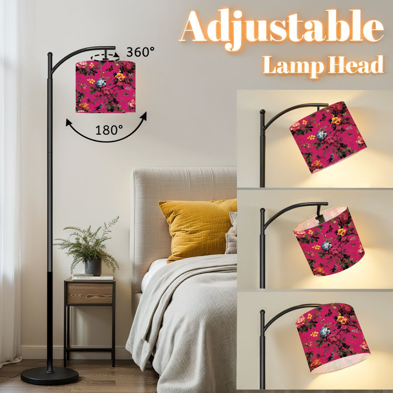 Lampe sur pied à arc avec abat-jour réglable Papillons floraux éclatants Lampe sur pied vintage rose 3 températures de couleur à intensité variable avec poteau pour interrupteur au pied de la chambre à coucher