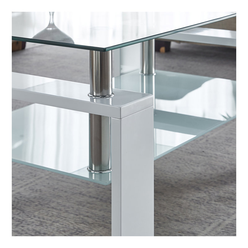 Table basse Artisan, plateau en verre trempé, pieds en acier inoxydable pour le salon, blanc