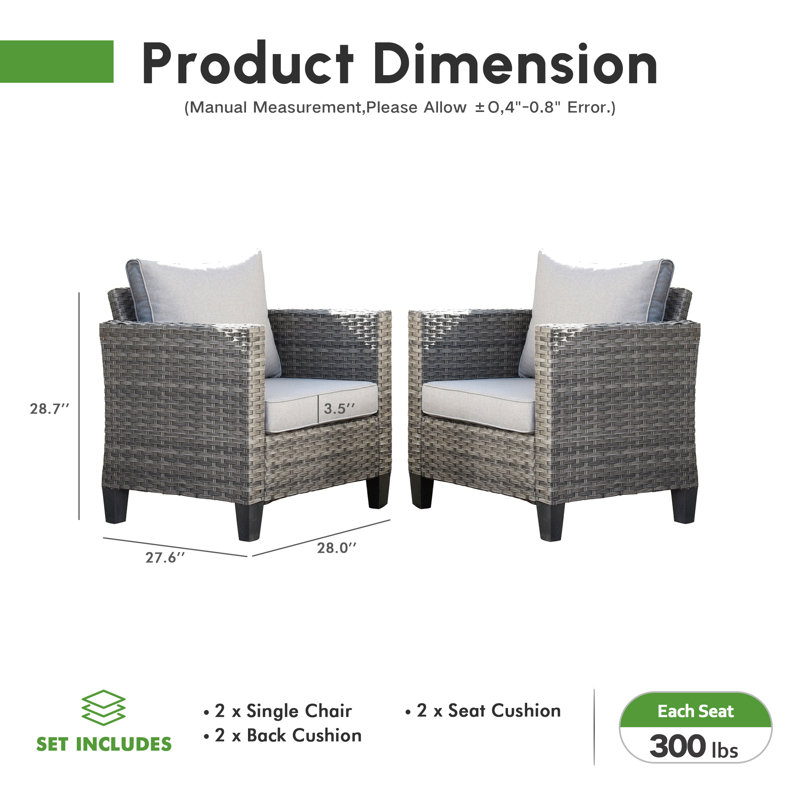 Chaises d'extérieur en osier 2 places Allcot pour 2 personnes avec coussins confortables, Gris