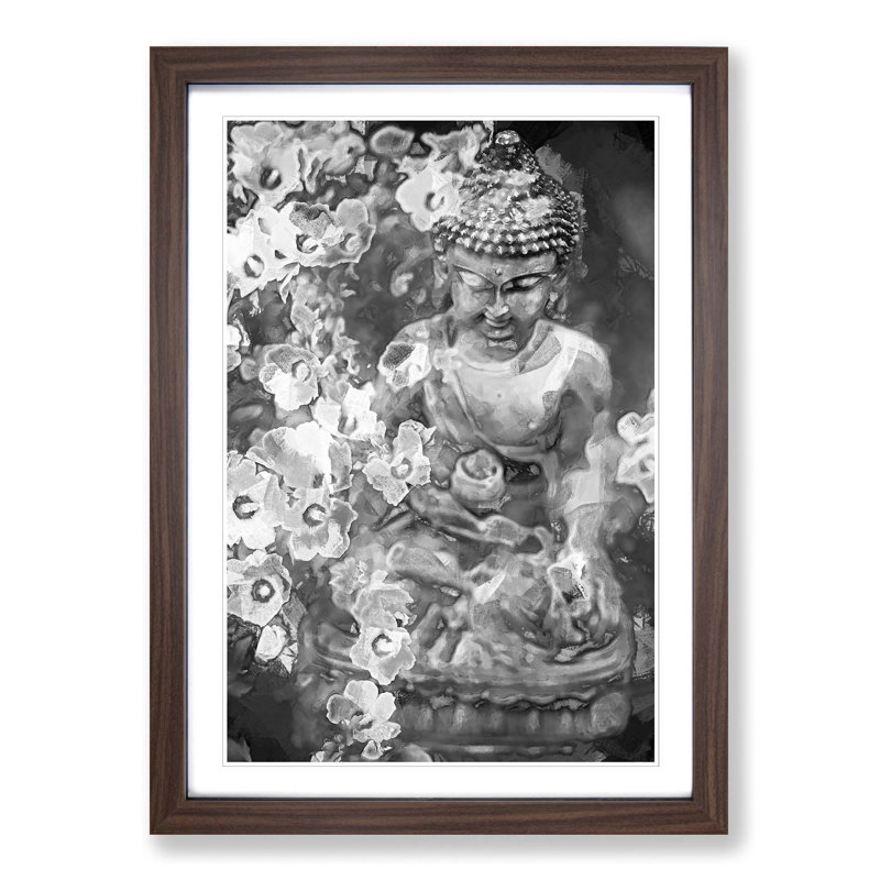 Buddha Surrounded in Abstract - Picture Frame Art Print on MDF, Walnut Framed, 48cm H x 36cm W x 2cm D