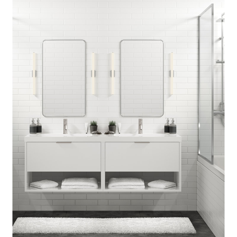 Modo 60" W Wall Mounted Double Bathroom Vanity, White Acrylic, Satin Nickel, Glossy White/Single